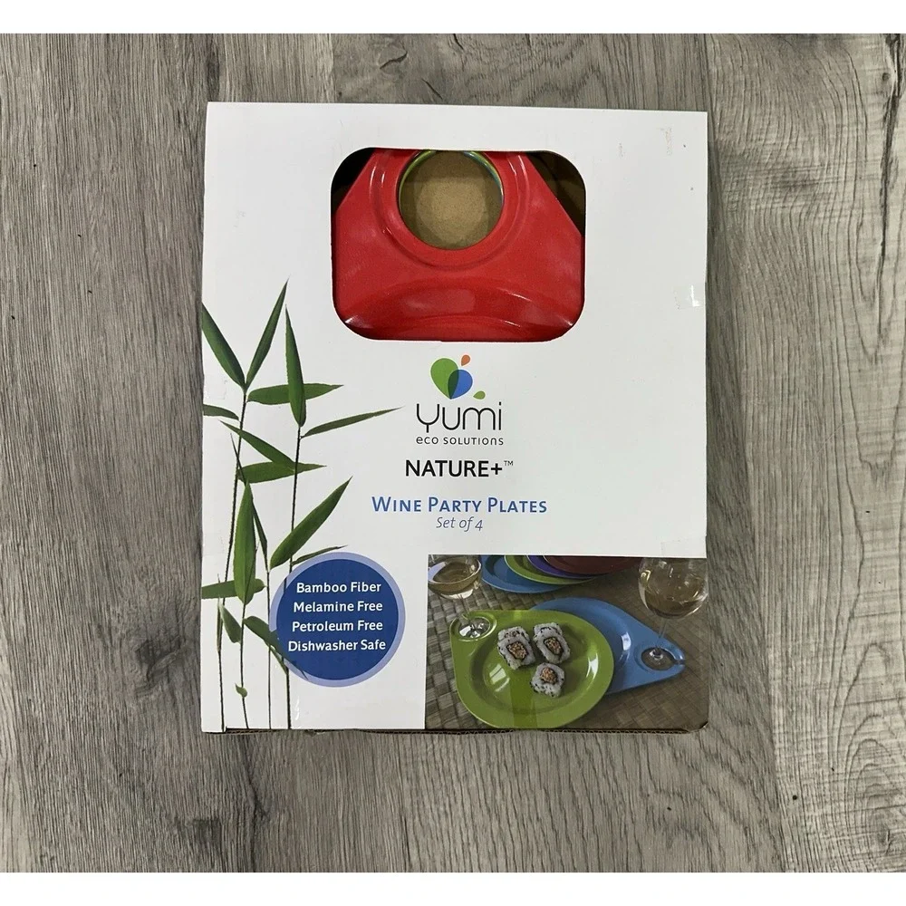 Yumi Eco Solutions Nature+ Bamboo Wine Party Plates NEW Set of 4 outdoor‎